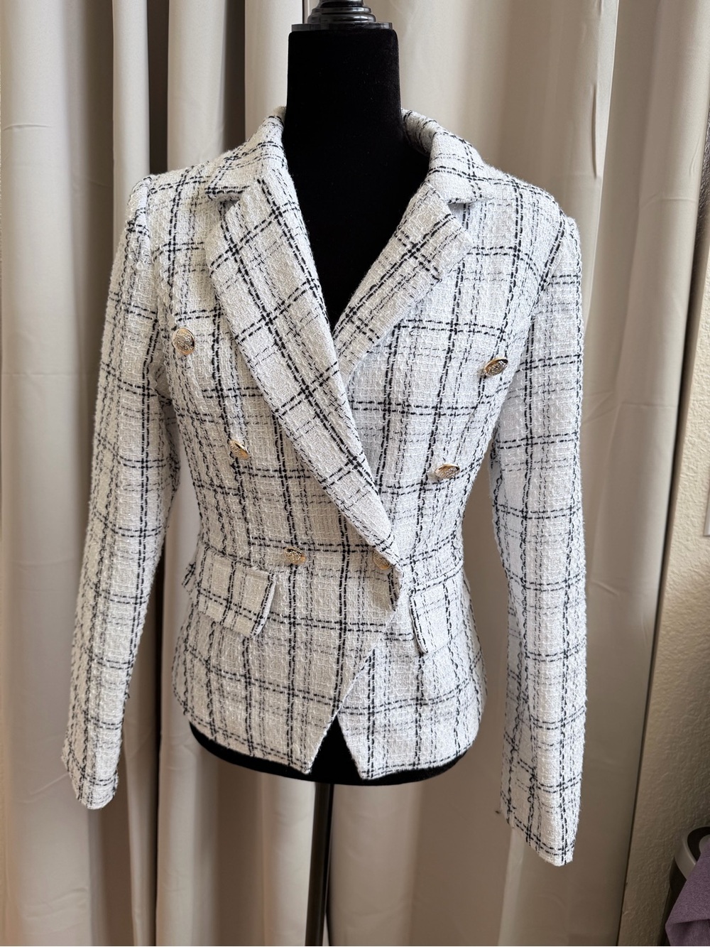 SHEIN White & Black Windowpane Tweed Double-Breasted Blazer